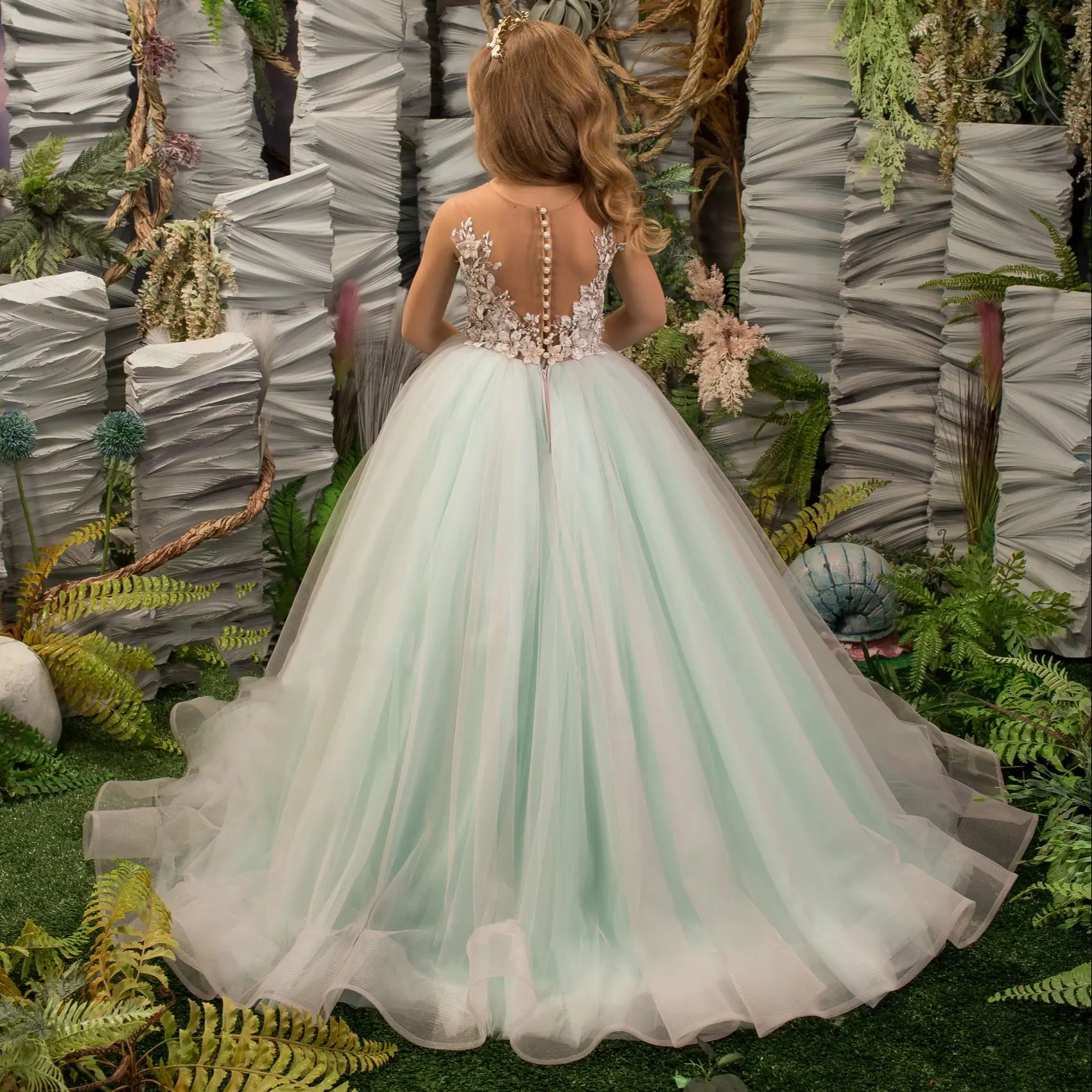 FATAPAESE Delicate Mint Fluffy Flower Girl Dress Floral Lace Pearls and Rhinestones Adorn the Bodice Multilayered Ruffle Train