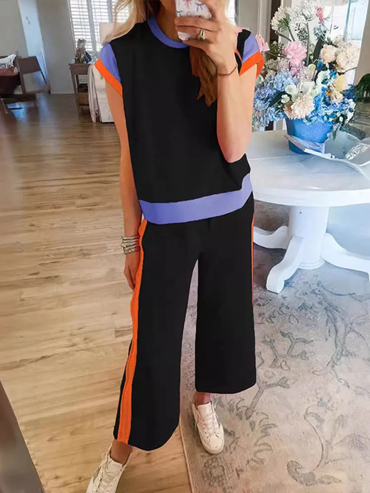 Women's 2 Piece Lounge Sets Casual Short Sleeve Pullover Tops Matching Wide Leg Pants Tracksuit Set Spring And Autumn Wholesale