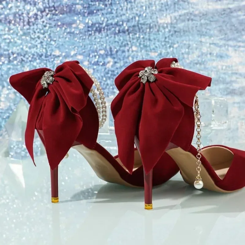 Women Pointed Toe Stiletto Heels with Bow, Rhinestone and Pearl Ankle Chain Sandals Shoes
