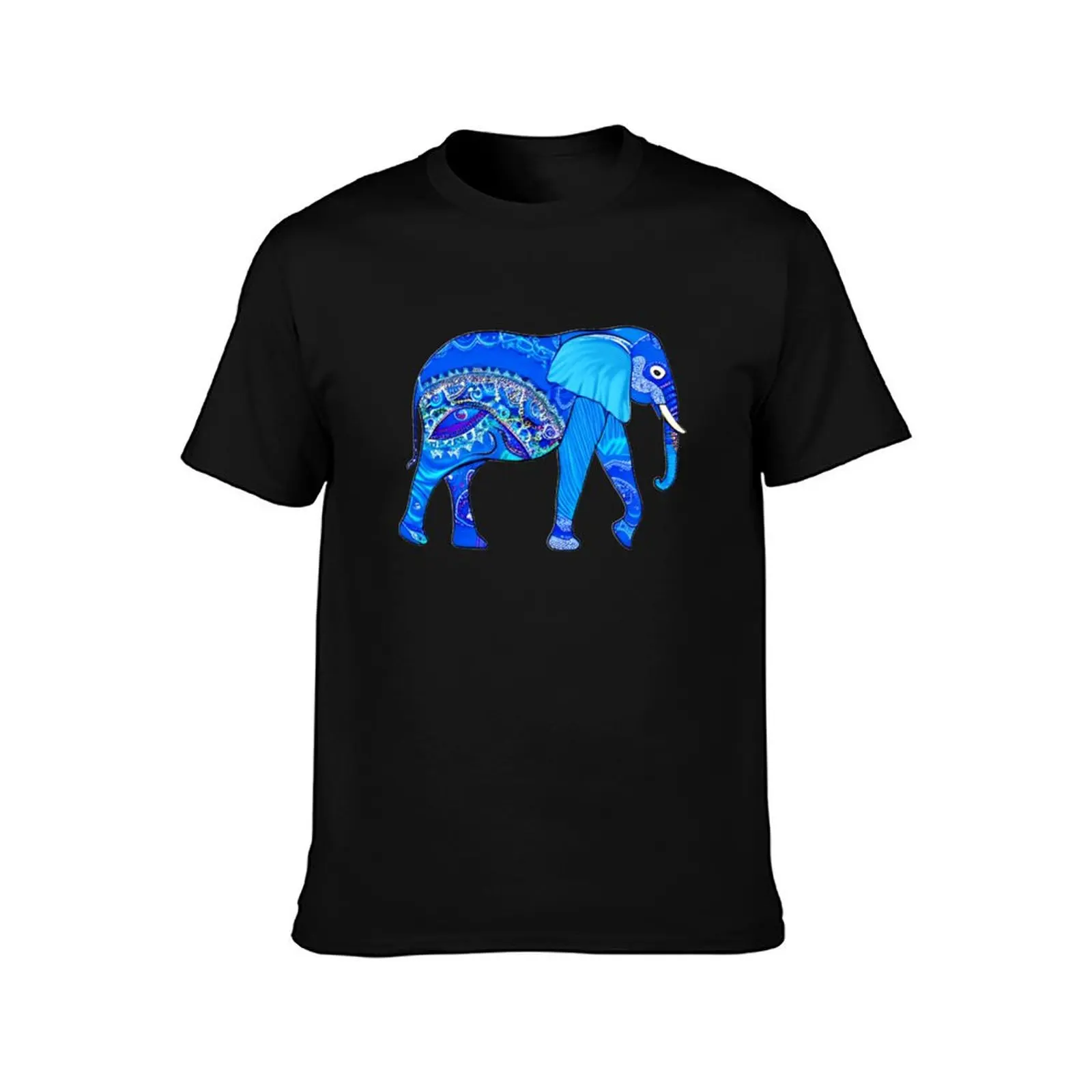 Indian Elephant in a Blue Arabesque Pattern T-Shirt Basic Solid Tee for Daily Use T-Shirt