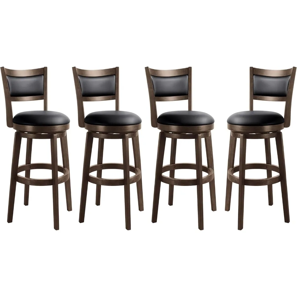 

30" Bar Height Stools Set of 4 - High Back Swivel Barstools with Black Faux Leather Upholstered Seat & Solid Wood Footrest