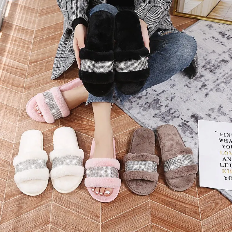 

Модные женские тапочки, повседневные туфли на плоской подошве и низком каблуке, милые базовые туфли для женщин, однотонные меховые слипоны, блестящие летние сандалии размера плюс