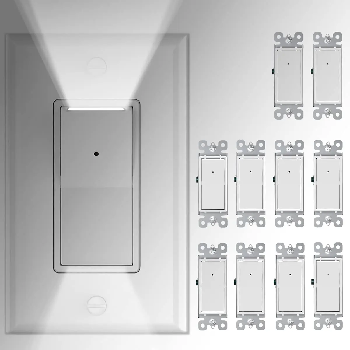 10 Pack 3 Way Wall Light Switch with LED Night Light 15Amp 120/277Volt Decora Rocker White Switch, Automatic On/Off Sensor