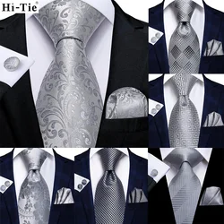Hi-tie luxo prata novidade gravata masculina gravata de seda gravata de casamento para homem lenço abotoaduras conjunto design de moda businessdropshipping