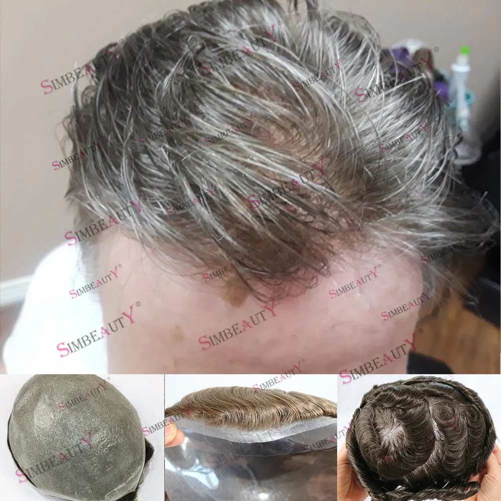 

Ultra ThinSkin 0.02mm 1B80 Men's Undetectable Toupee Full PU HumanHair GreyBlack Mix Wig Capillary Prosthesis Toupet Male System