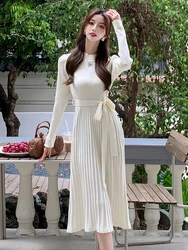 New Autumn Winter Knitted Elegant Solid Stretchy Dress Women Clothes Sweater Basics Casual Long Sleeve Slim A-Line Robe Vestidos