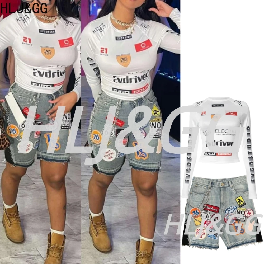 

HLJ&GG Y2K Trend Letter Print Biker Two Piece Sets Women O Neck Long Sleeve Crop Top And Denim Shorts Outfits Fashion Streetwear