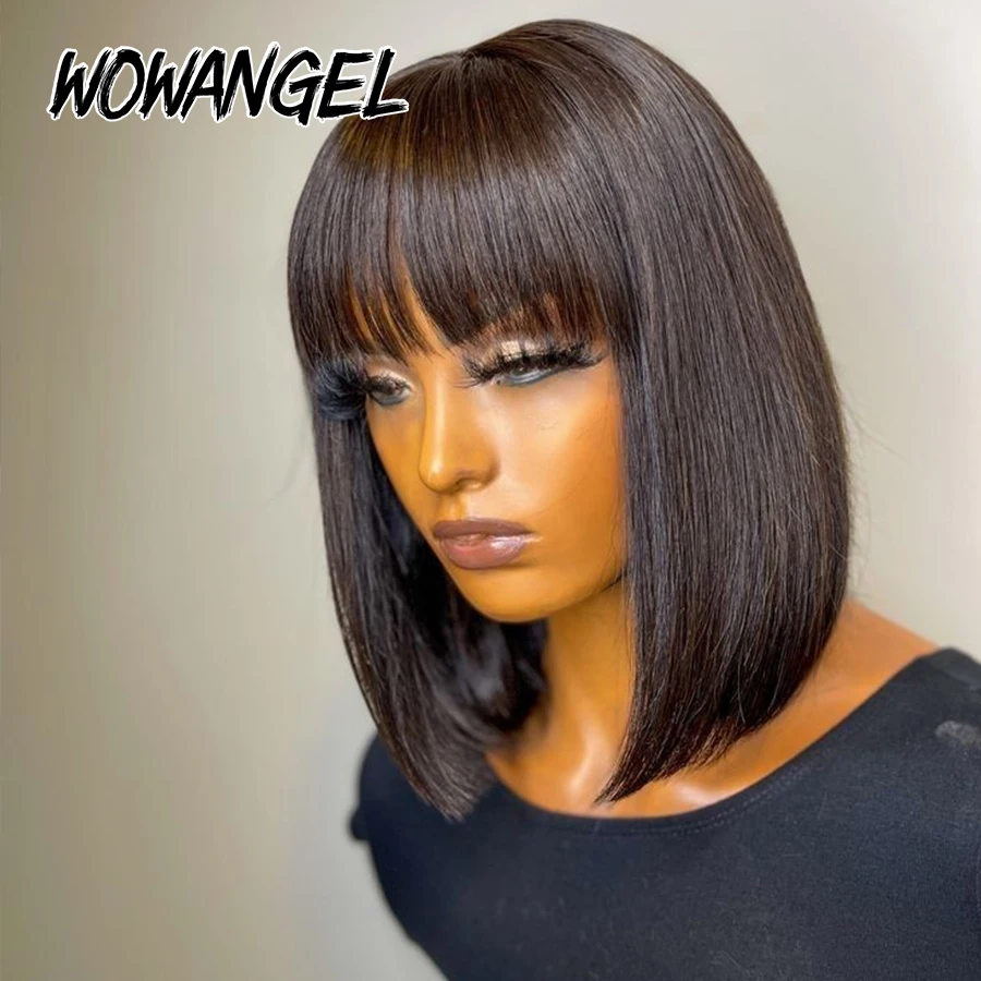 WOWANGEL peluca Bob corto con flequillo hueso recto 5x5 HD pelucas con cierre de encaje cabello humano virgen precortado listo para usar pelucas sin pegamento