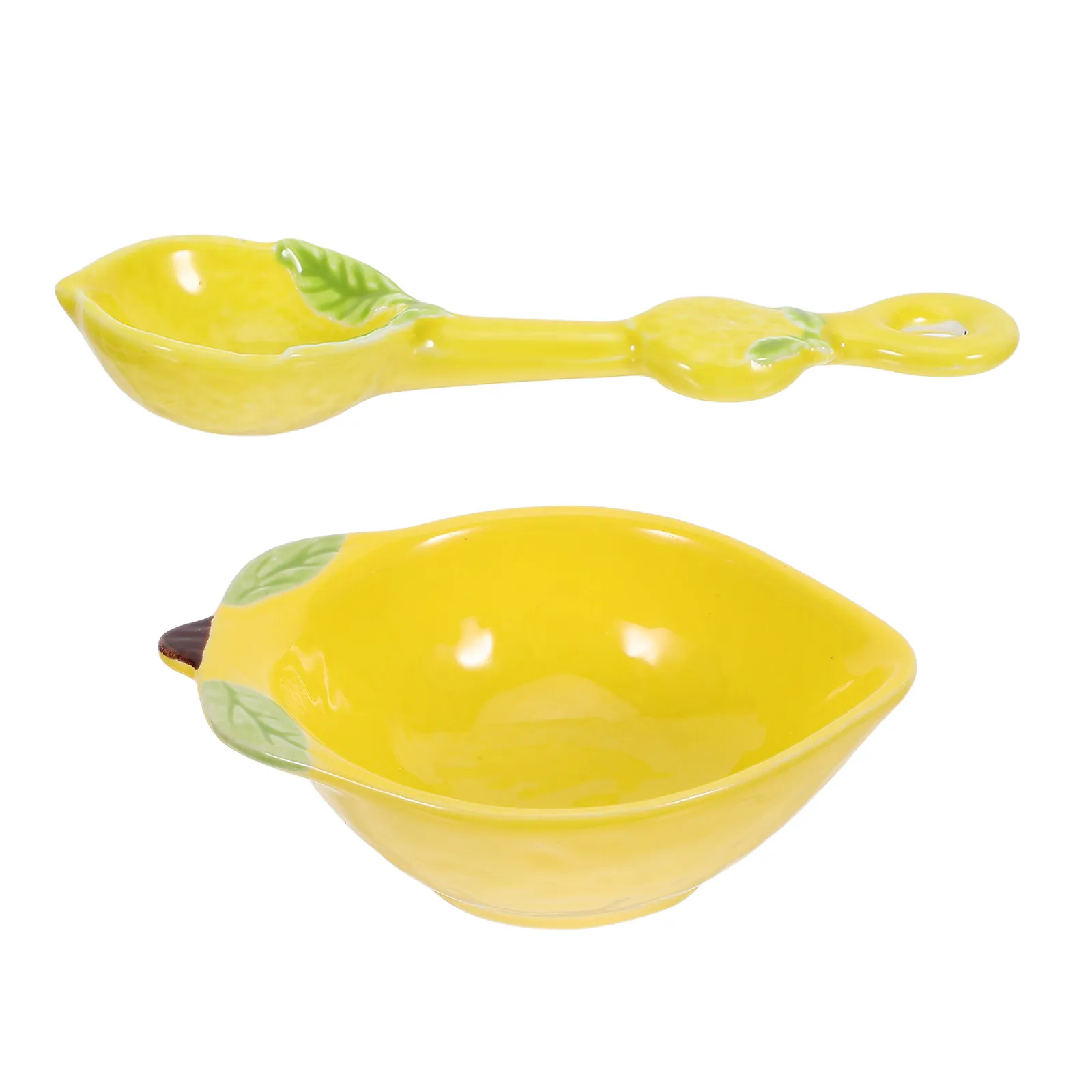 

2Pcs Ceramic Lemon Shaped Bowls with Matching Spoons - Decorative Fruit Salad Platter Dessert Bowl Dipping Tray Seasoning Plate