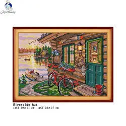 Riverside hut cross stitch kits DIY dusk landscape 14CT 11CT canvas printing embroidery set needlework home decoration painting