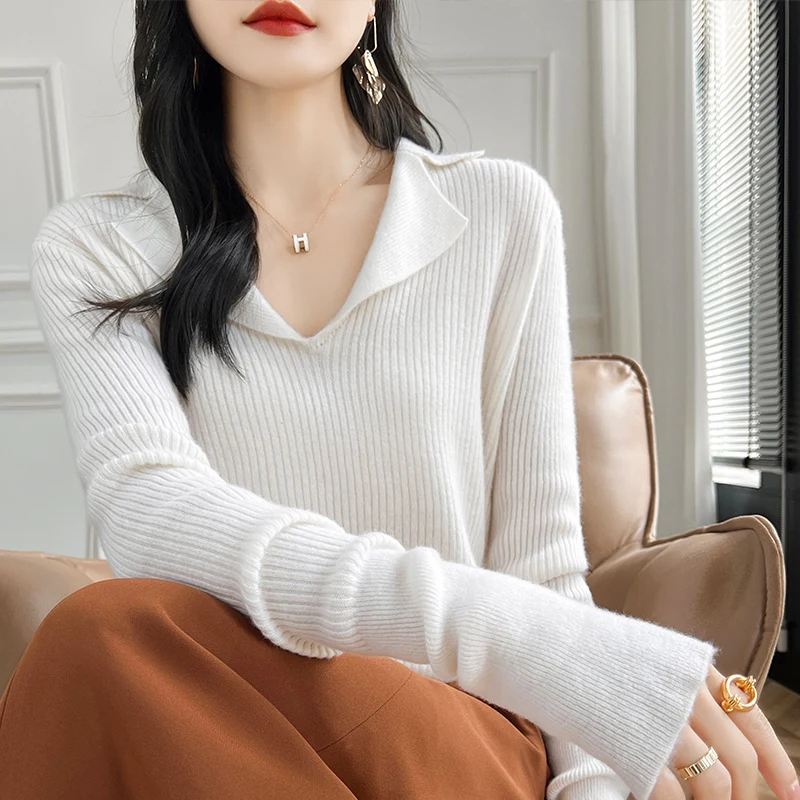 Maglione lavorato a maglia in pura lana 100% da donna Risvolto Slim Sprout Pullover Casual caldo camicetta a maniche lunghe Autunno Joker Camicia che tocca il fondo