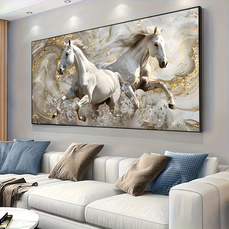 Large-sized frameless canvas paintings,Two White Galloping Horses Poster Prints Modern Abstract Animal Art Canvas Painting Wall