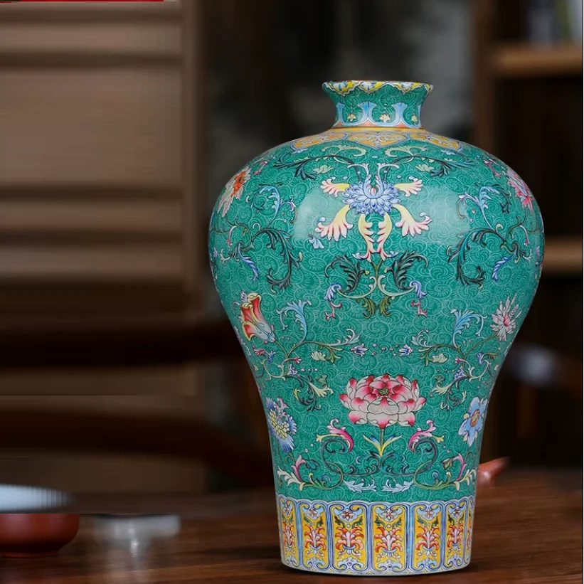 Yellow ceramic vase decoration, living room flower arrangement, green space, longevity plum vase, antique Chinese style antique