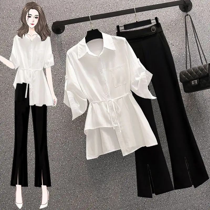 

Women's Spring/Summer Casual Irregular Shirt+Micro Flared Pants Two Piece 2023 New Matching Set Korean Elegant Short Sleeve Suit