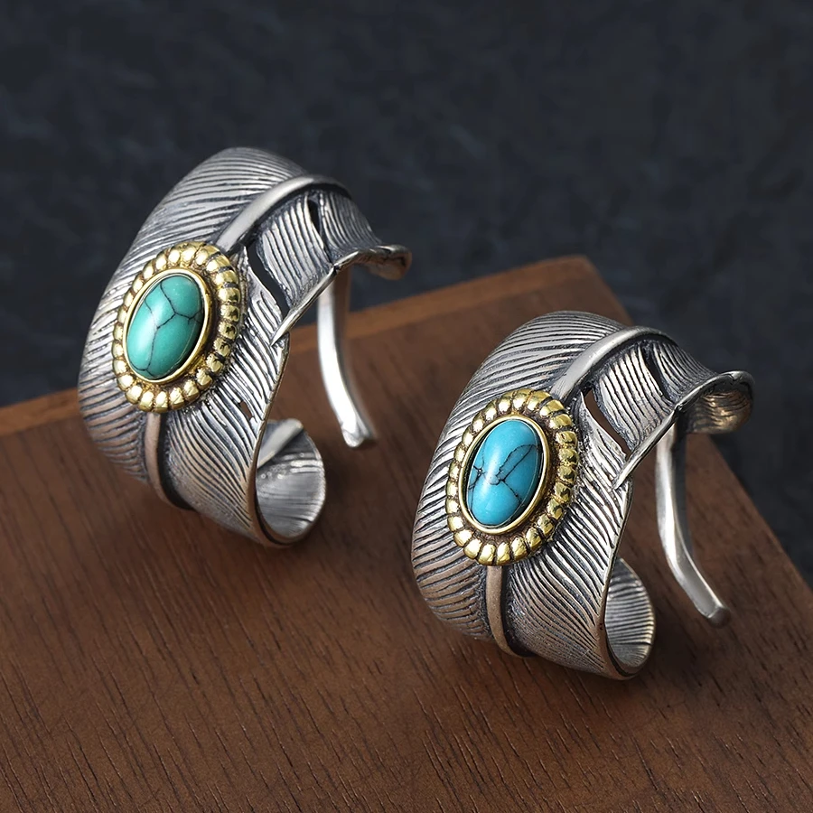 

Retrostylishclassy открытое кольцо с перьями, мужское кольцо из стерлингового серебра 925 пробы с инкрустацией бирюзой