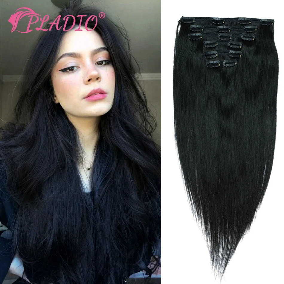 Remy brasileiro natural extensões do cabelo humano, peruca reta, grampo no cabelo, 100% real, 14 "a 28", 80G a 140G