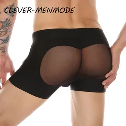 Herren sexy Porno Low Rise transparente Mesh Penis Tasche lange Unterhose Männer Eis Seide ultra dünne Front hohle Boxer exotische Dessous