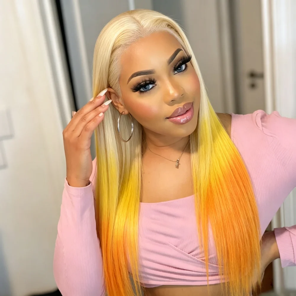 26 Inch 613 Yellow Orange Ombre Straight Human Hair Wig 13x4 Transparent Lace Front Wig Pre Plucked