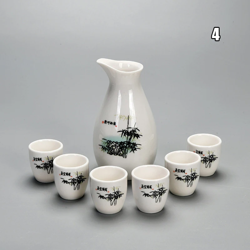7pcs Japanese Style Sake Wine Warm Chinese Wine Set Ceramic Sake Japan Porcelain Vintage Ceramic Pot Flagon Liquor Spirits Cups