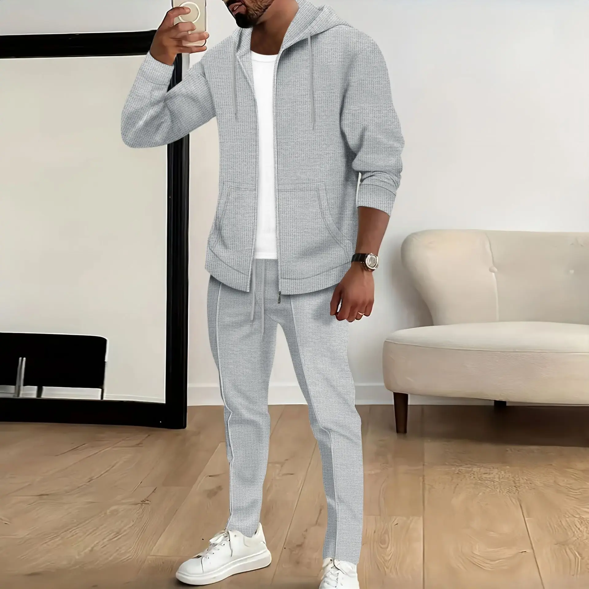 Fall Men's Solid Color Suit - Fashionable Trendy Waffle Hooded Pockets Pullover - Casual Zip Jacket - Long Sleeve Pants Set