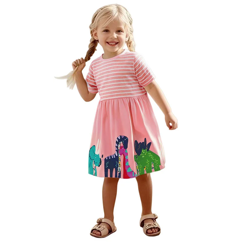 Summer Dinosaur Applique Short Sleeve Dress for Girls Embroidery Birthday Party Fashion Clothing Baby Kids Frocks