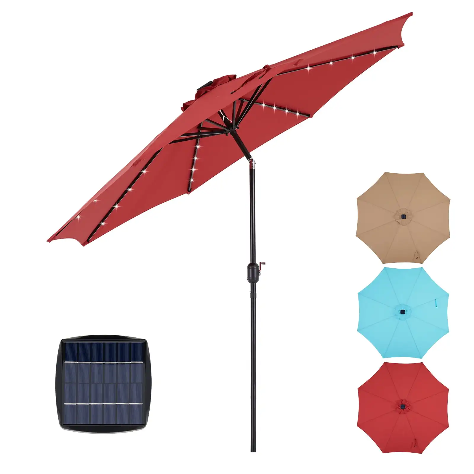 

10 ft Outdoor Patio Umbrella with Solar LED Lights, Yard Umbrella with 8 Sturdy Ribs, Push Button Tilt and Crank, Red