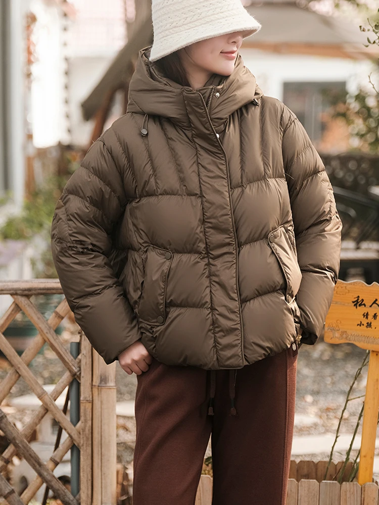 Oversize Women's Hooded down jacket 2024 Winter High quality Brown 90% long sleeve puffer coat Lady outwear Warm INKEO DJ008