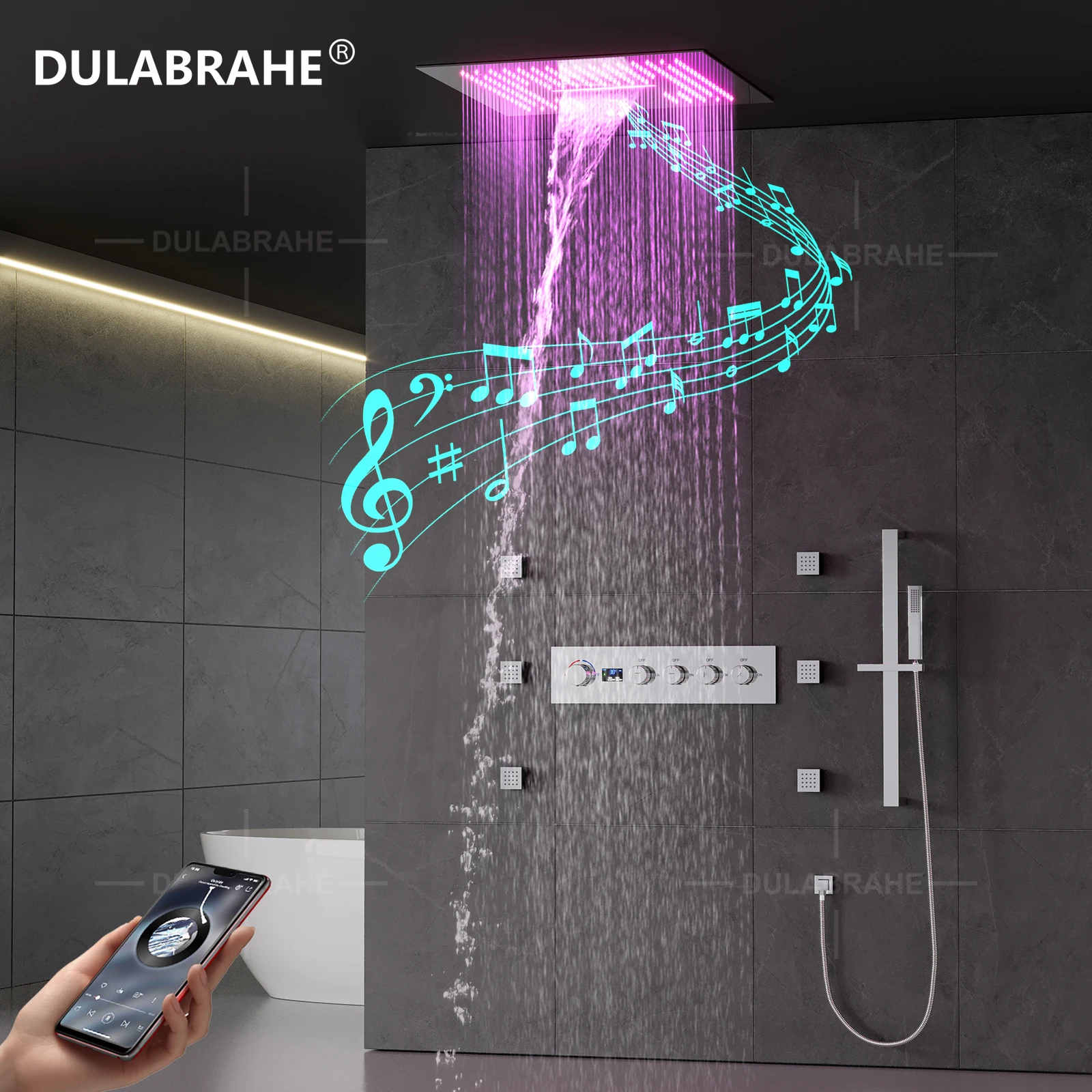 Ceiling Embedded Chrome 16 Inch LED Rain&Waterfall Shower Head with Music Speaker Cold and Hot Digital Display Shower Faucet