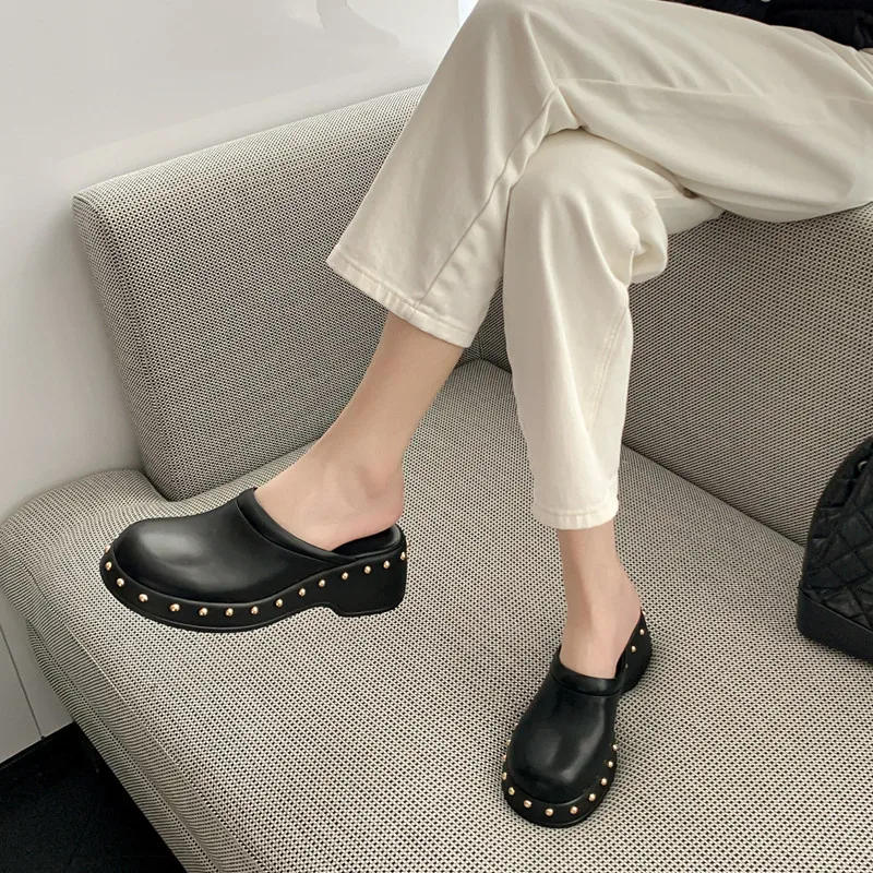 MKKHOU Fashion Sandals Women New High Quality Real Leather Round Head Rivet Thick Sole Elevated Casual Slippers Daily LightShoes