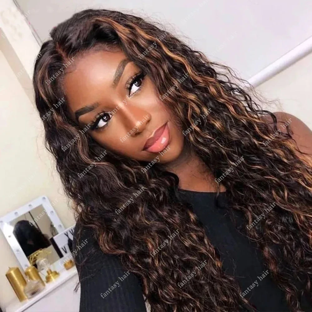 Highlight Blonde Brown Deep Wavy V Part Wig Unprocesse Curly Human Hair Wig Glueless Ombre U part Full Machine Made No Leave Out