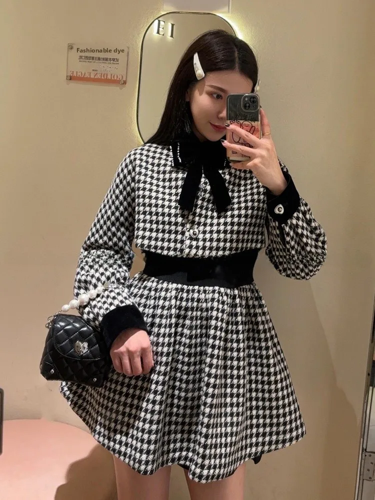 Setelan Mantel Rajut Motif Kotak-kotak Retro dengan Ikat Pinggang, Model Terbaru Musim Gugur, Busana Wanita, Kancing Depan Panjang