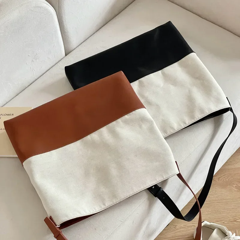 Contrast Color Lazy Style Shoulder Handbag 2024 New Style Crossbody Large Bag Casual Large Capacity Versatile Shopping Bag