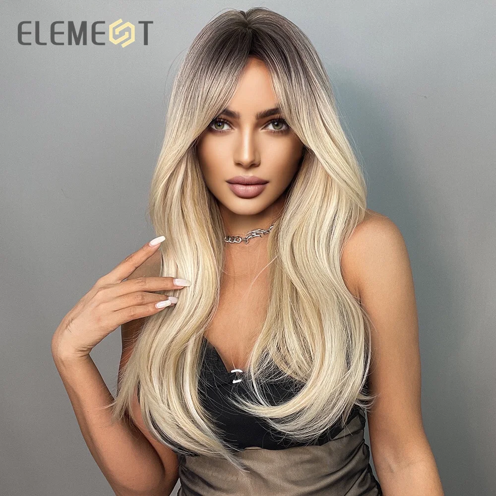 ELEMENT Synthetic Long Straight Ombre Black to Blonde Wigs for Women Wig Daily Party Cosplay Heat Resistant Natural Headband