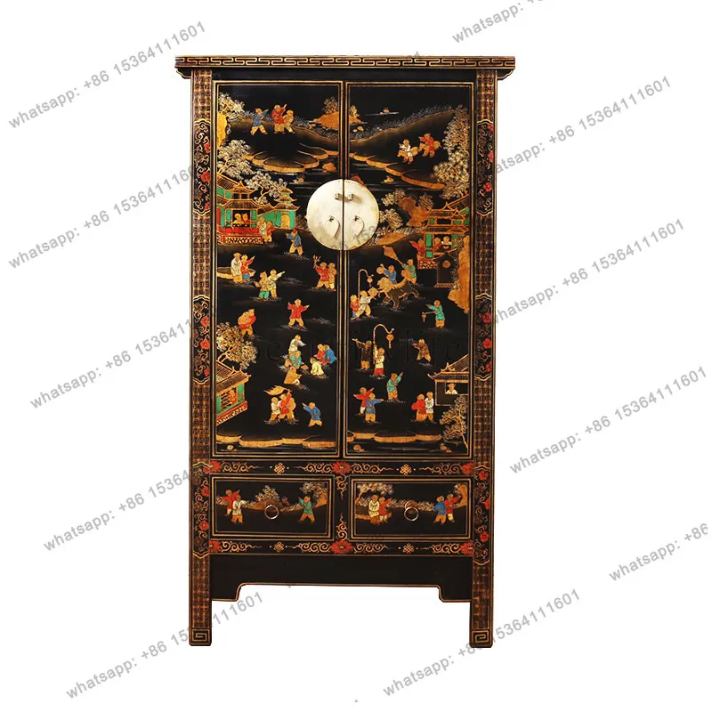 LD Chinese antique solid wood gold hand-painted wardrobe retro bedroom storage wardrobe