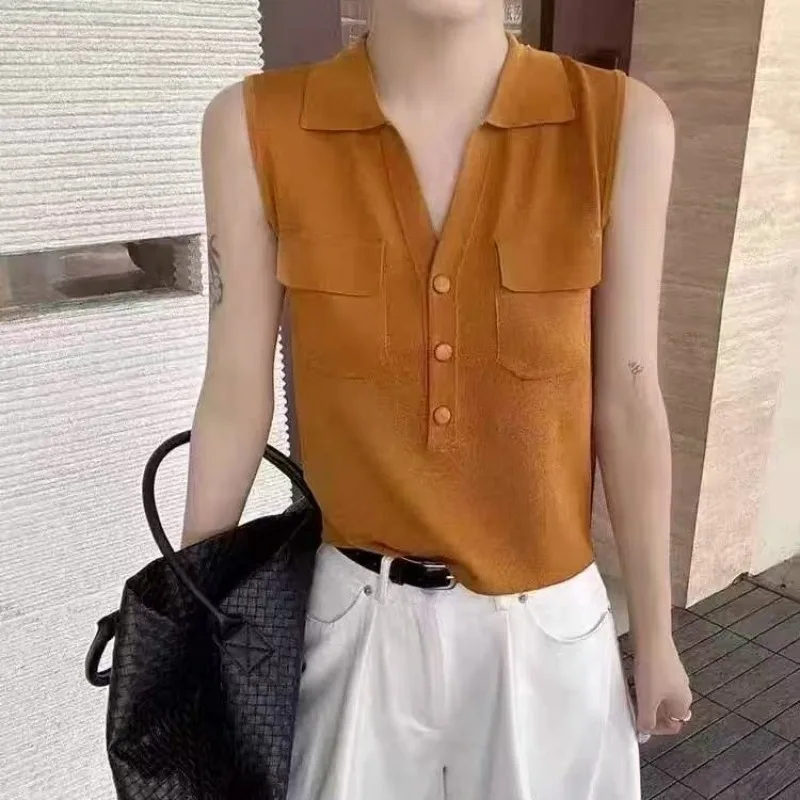 

Lyocell Tencel, простой жилет-поло, вязаный однотонный пригородный жилет без рукавов, простой лето 2025, новый узкий топ без рукавов