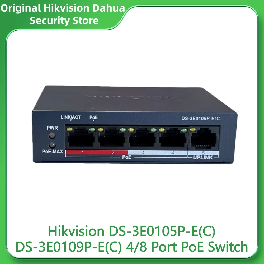 Hikvision DS-3E0105P-E(C) DS-3E0109P-E(C) 4/8 Port PoE Switch 300m Long Range 6KV Surge Protection for IP Camera Video Intercom