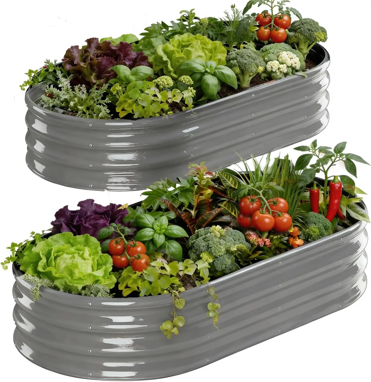 Raised Garden Bed & Planter Box, Galvanized Metal, Gray, Oval Design