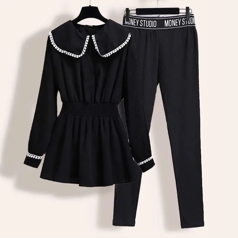 Summer New Loose Casual Pants Set Fashion Pleated Lace Chiffon Coat Pants Two-piece Set Retro Sportswear Female Black Tracksuit