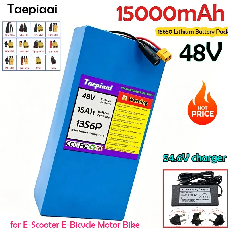 13s6p 48v Battery 15000mAh/15Ah 18650 Lithium Battery Pack Built-in BMS Protection Board Replacement Battery +54.6Vcharger