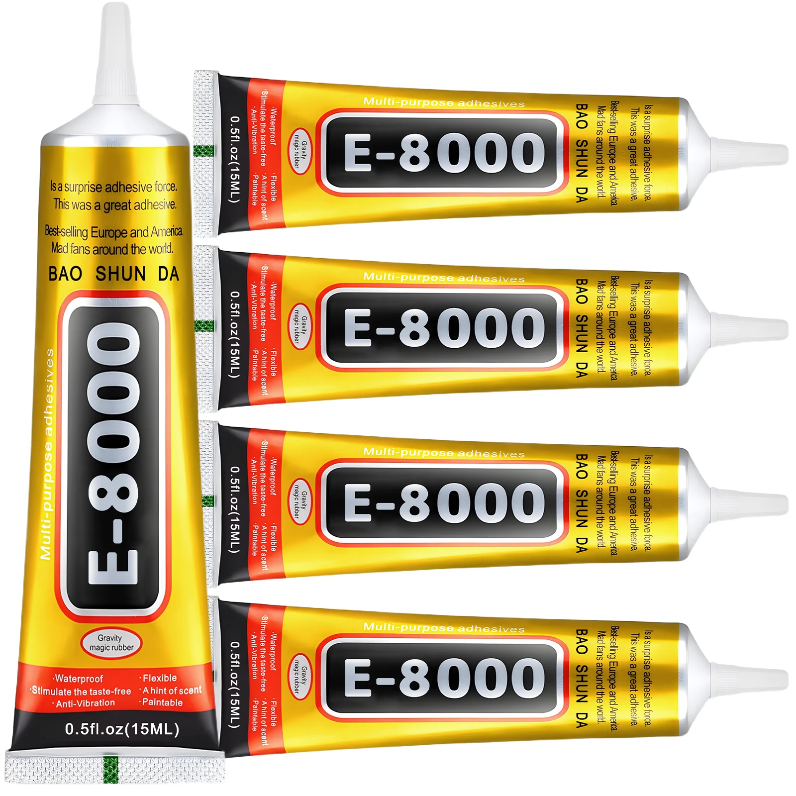 Set of 5 E8000 glue tubes for jewelry, ideal for repairing mobile phones and upgrading rhinestone jewelry. E-8000 clear adhesive, 15 ml