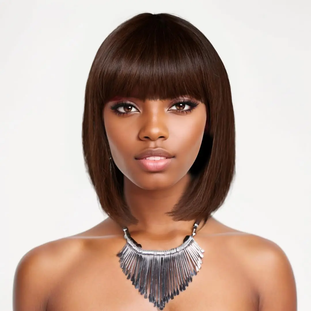 Newmi Hair #4 Short Bob Wig With Bangs Chololate Brown 100% Brazilian Human Hair Straight 200% Density Glueless Machine Made Wig