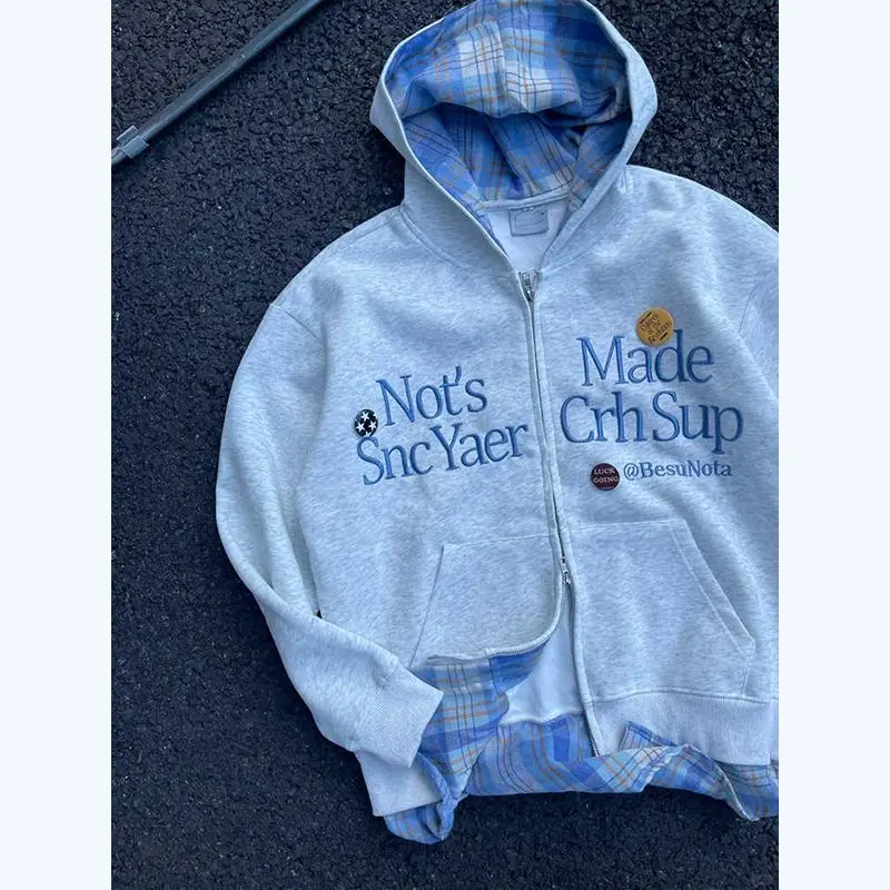 

Fake Two-piece Plaided Hooded Cardigan Sweatshirt for Men and Women Simple Style Printed Embroidered Long Sleeve Jacket Coat