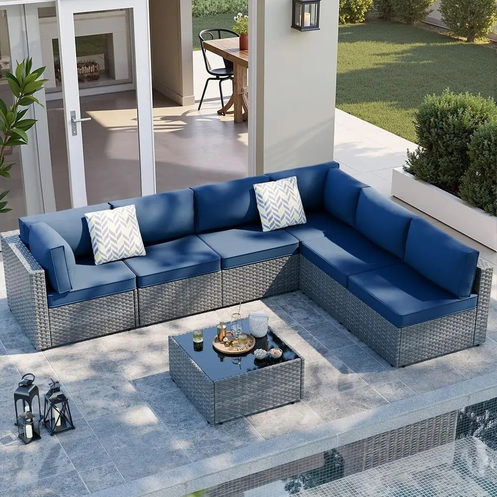 

7-Piece Outdoor Sectional Patio Furniture Set with High Back Rattan Sofa, Tea Table, and Washable Cushions in Aegean Blue