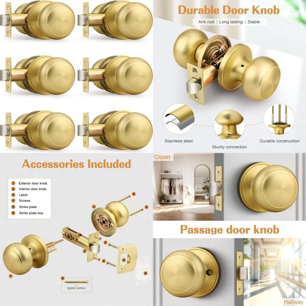 

6-Pack Gold Brushed Brass Round Ball Passage Door Knobs for Hallway and Closets
