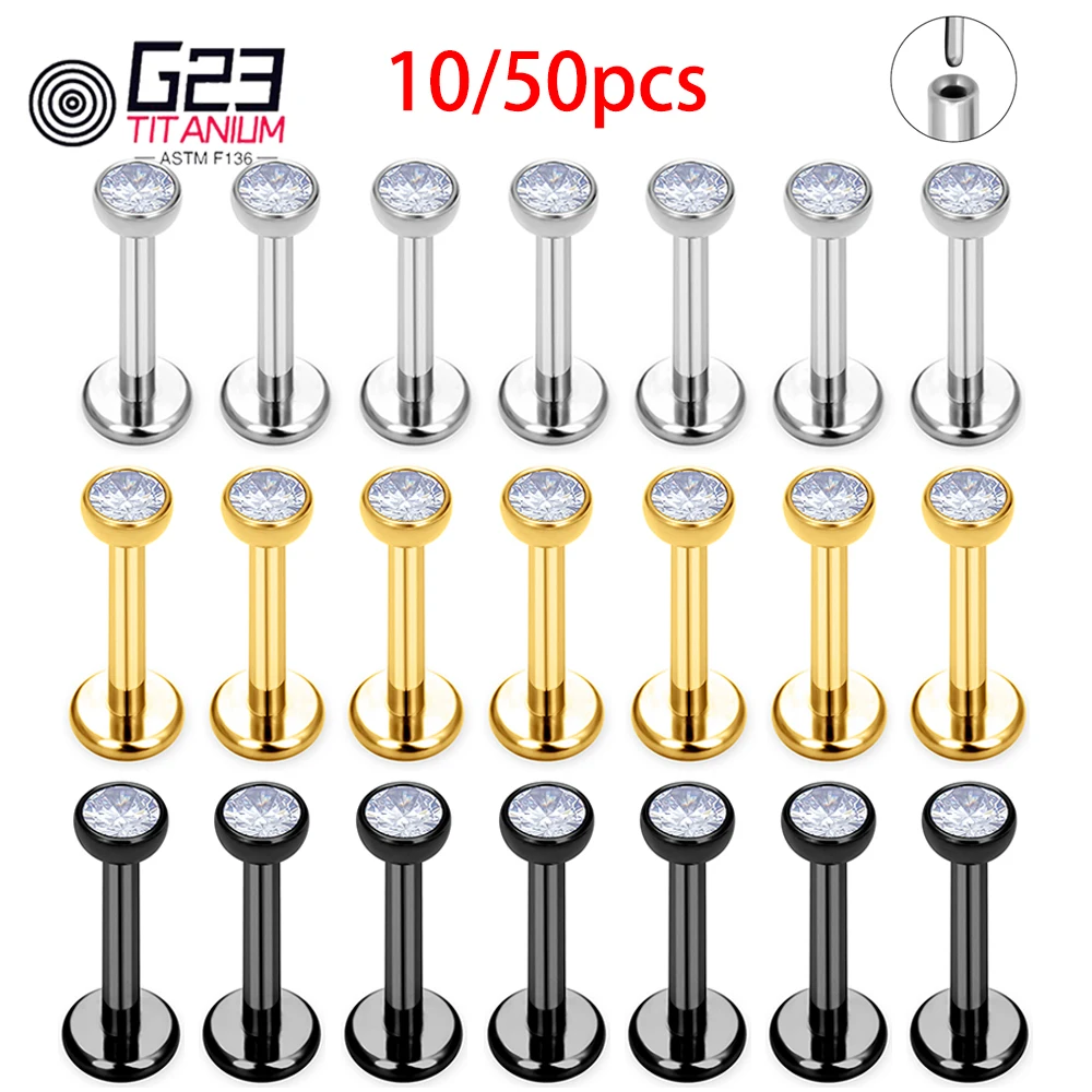 10/50Pcs G23 ASTM F136 Fashion Threadless Earrings Piercing Tragus Stud Crystal Labret Ear Piercing Ring Zircon Helix Cartilage