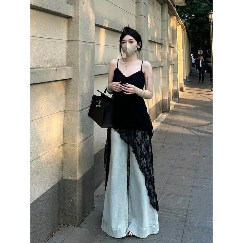 

Y2K Streetwear Black Dress Design Dress Women Summer Girly Irregular Lace Trendy Spaghetti-strap Top Vestido Evening Dresses