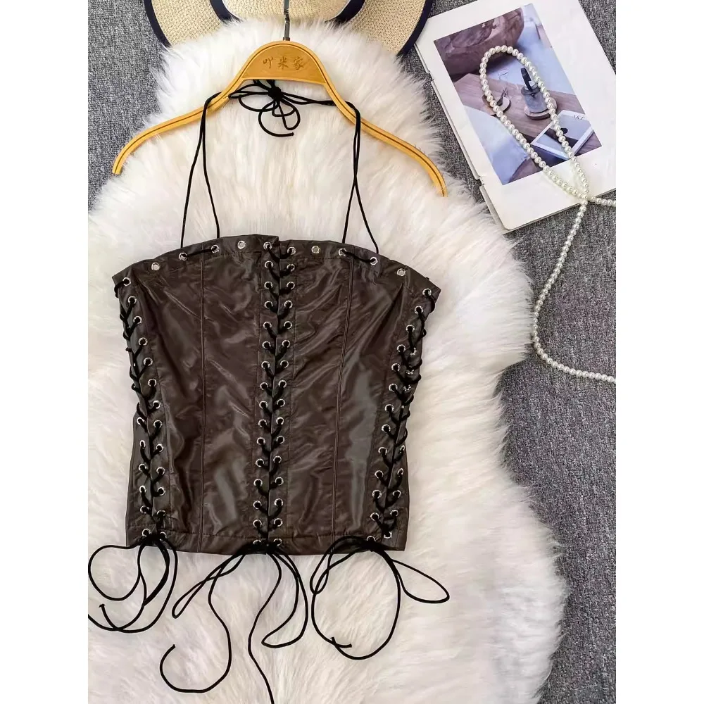 Canottiera da donna chic con scollo all'americana Draw String Slim Basic Sexy Fashion Canotte senza maniche Top corto estivo da donna