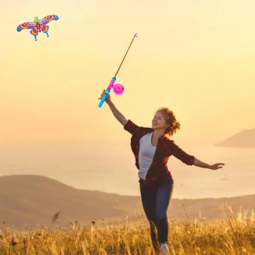 Children Kite Toy Cartoon Eagle Foldable Mini Plastic Toys Kite Hand Brake Fishing Rod Butterflies For Kids Outdoor Fun Toy