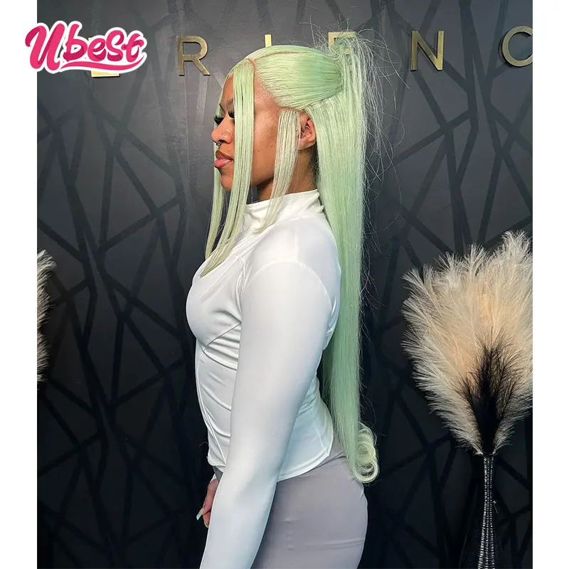 13x6 Light Green Color Straight Lace Front Human Hair Wig 180% Density Brazilian Body Wave Transparen Lace Frontal Wig For Women