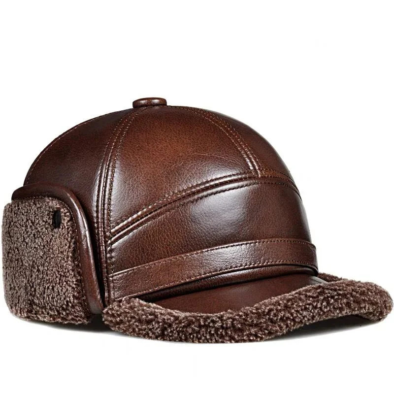 

Winter Men's Leather The Bomber Hat Thicken Plush Leather Cowhide Baseball Caps keep warm With Ears Warm Dad's Hats Leisure